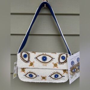 White and blue beaded Evil eye Shoulder Bag